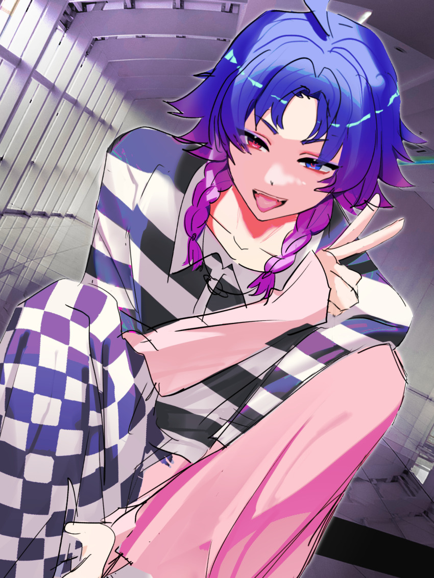 18trip 1boy blue_hair braid checkered_clothes fang gradient_hair hand_on_own_chest heterochromia highres knees_to_chest knees_up long_hair long_sleeves male_focus multicolored_clothes multicolored_hair official_alternate_costume open_mouth purple_hair reflective_floor smile striped_clothes tongue tongue_out twin_braids user_ukhn4422 v yowa_netaro