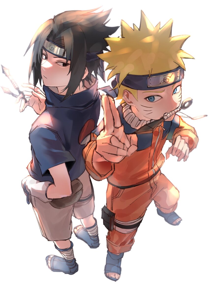 2boys belt_pouch black_eyes black_hair blonde_hair blue_eyes blue_sandals blue_shirt collared_shirt commentary_request curtained_hair facial_mark fighting_stance forehead_protector foreshortening from_above grey_shorts hand_in_pocket hand_up highres holding holding_weapon i2d0012 jacket konohagakure_symbol korean_commentary kunai long_sleeves looking_at_viewer looking_back male_focus multiple_boys naruto naruto_(series) orange_jacket orange_pants pants popped_collar pouch sandals shirt short_hair short_sleeves shorts simple_background spiked_hair thigh_pouch uchiha_sasuke uchiha_symbol uzumaki_naruto weapon weapon_in_mouth whisker_markings white_background