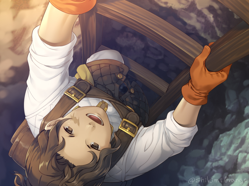 1boy :o artist_name backpack bag brown_eyes brown_gloves brown_hair climbing_ladder from_above gloves highres indoors ladder male_focus scar scar_on_face shikimiorange shirt solo triangle_strategy white_shirt