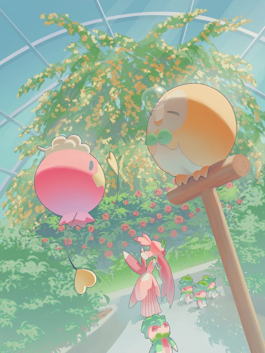 bird closed_eyes commentary_request conservatory drifloon floating fomantis gen_4_pokemon gen_7_pokemon highres lurantis mokukitusui nintendo no_humans perching pokemon pokemon_(creature) rowlet shadow squeans standing