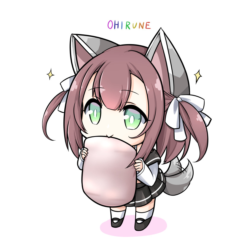 1girl absurdres afterimage animal_ears azur_lane black_sailor_collar black_shoes black_skirt brown_hair chibi commentary_request dog_ears dog_tail female_focus full_body green_eyes hair_between_eyes hair_ribbon highres holding holding_pillow kinomiki_nobori pillow pleated_skirt ribbon romaji_text sailor_collar school_uniform serafuku shadow shiratsuyu_(azur_lane) shoes sidelocks simple_background skirt smile socks solo sparkle standing tail tail_wagging two_side_up white_background white_ribbon white_socks