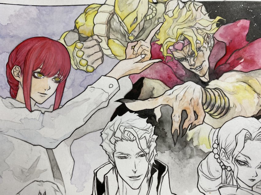 1other 2boys 2girls @_@ aizen_sousuke bleach blonde_hair cape chainsaw_man clenched_hand closed_mouth crossover dio_brando eyelashes fangs fangs_out fingernails grey_nails grey_necktie hair_slicked_back half-closed_eyes headband heart heart_headband highres jojo_no_kimyou_na_bouken kibutsuji_muzan kimetsu_no_yaiba long_eyelashes long_fingernails long_hair madangel makima_(chainsaw_man) multiple_boys multiple_girls nail_polish necktie painting_(medium) parted_lips partially_colored pink_headband pointing red_cape red_hair sharp_fingernails smile stand_(jojo) tassel traditional_media vampire very_long_fingernails watercolor_(medium) yellow_eyes