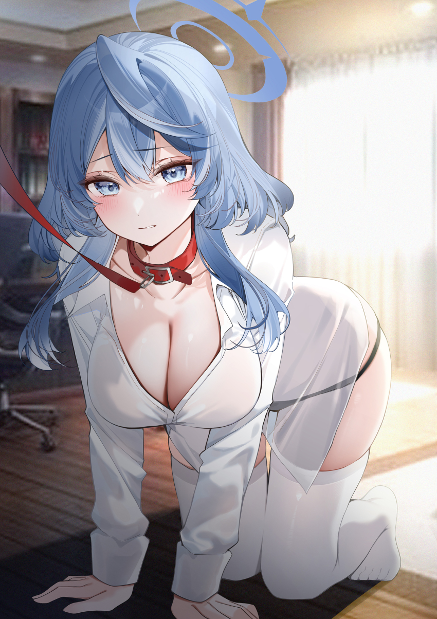 1girl absurdres ako_(blue_archive) all_fours animal_collar blue_archive blue_eyes blue_hair blue_halo blush breasts cleavage clenched_teeth collar collarbone collared_shirt deep_skin full_body halo highres holding holding_leash huge_breasts indoors large_breasts leash long_sleeves looking_at_viewer medium_hair no_bra panties parted_lips pet red_collar revealing_clothes see-through_clothes shiny_skin shirt skindentation solo tearing_up teeth thick_thighs thighhighs thighs underwear white_shirt white_thighhighs yukineko1018