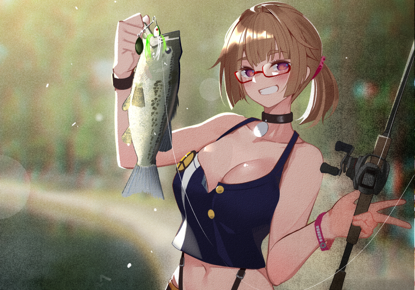 1girl animal bass_(fish) blush breasts brown_hair cleavage commission fish fishing_rod girls&#039;_frontline glasses grizzly_mkv_(girls&#039;_frontline) grizzly_mkv_(weekend_cop)_(girls&#039;_frontline) holding holding_animal holding_fish holding_fishing_rod large_breasts largemouth_bass looking_at_viewer nature navel official_alternate_costume purple_eyes shirt short_hair shorts skeb_commission smile solo warashi