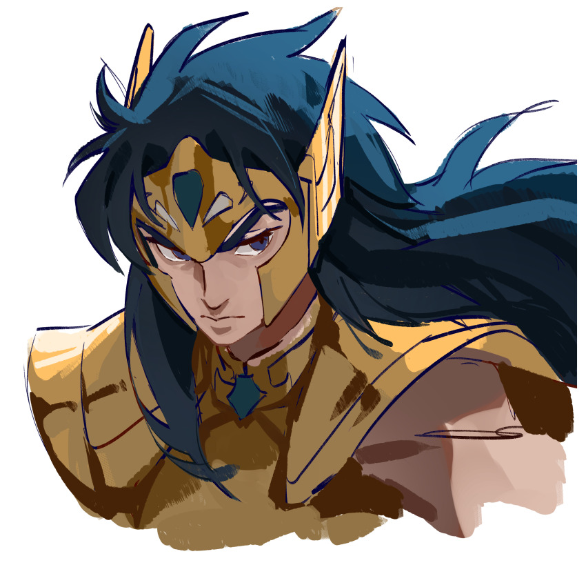 1boy aquarius_camus armor blue_eyes blue_gemstone blue_hair forehead_jewel frown gem gold_armor gold_cloth gold_helmet gold_saint highres kaitotenjoirl long_hair looking_at_viewer male_focus pauldrons portrait saint_seiya shoulder_armor solo v-shaped_eyebrows