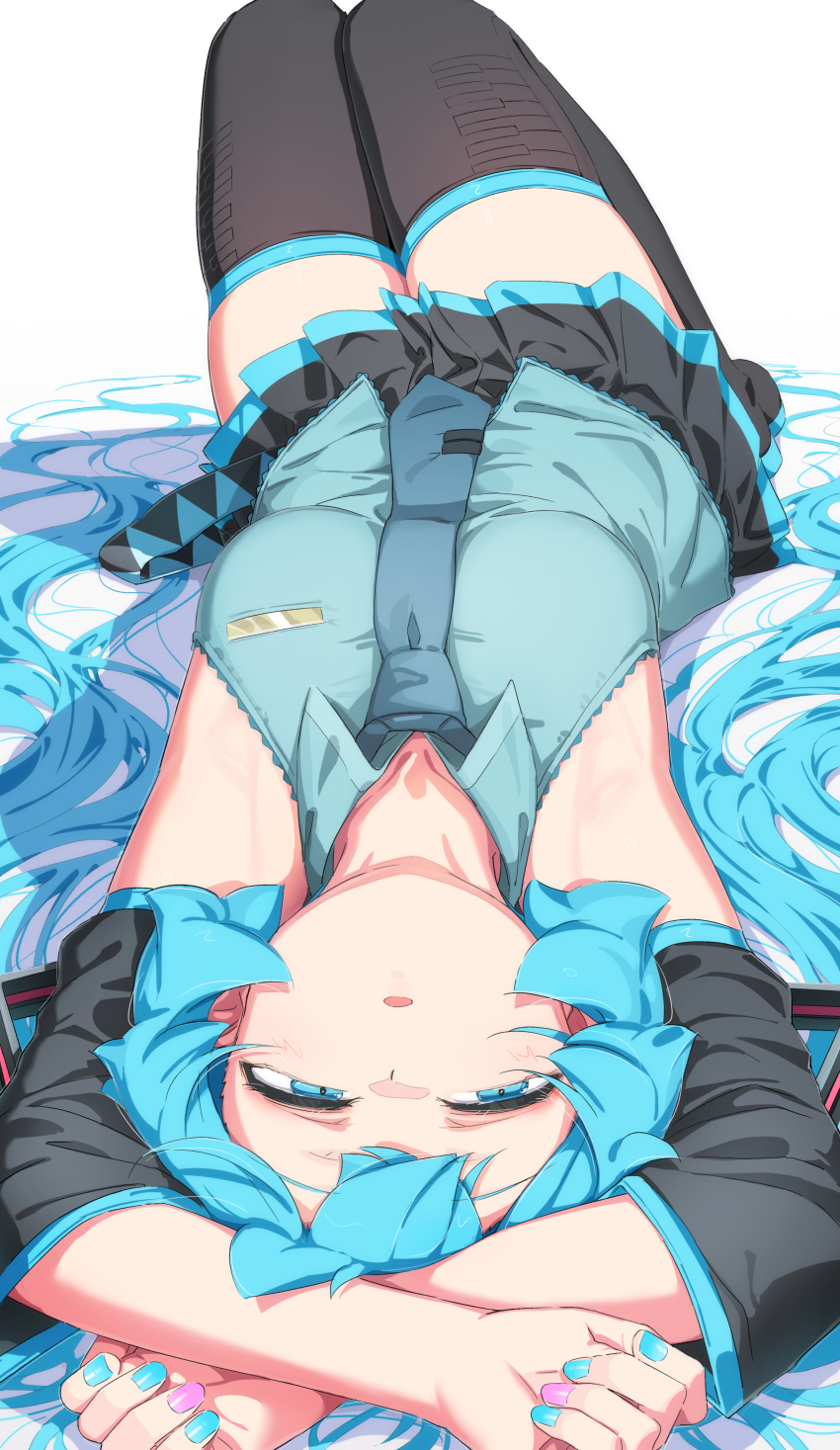 1girl abmayo absurdres aqua_eyes aqua_hair aqua_nails aqua_necktie armpits arms_up black_sleeves breasts commentary detached_sleeves english_commentary grey_shirt hair_ornament hatsune_miku headset highres long_hair lying medium_breasts miku_day mixed-language_commentary nail_polish necktie on_back shirt simple_background skirt solo thighhighs twintails very_long_hair vocaloid white_background