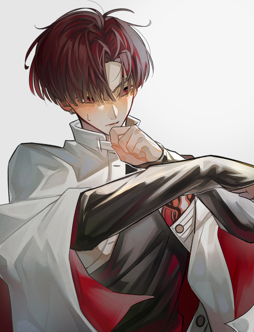 1boy absurdres blush earrings fate/grand_order fate_(series) hair_over_one_eye highres jacket jewelry long_sleeves male_focus red_eyes red_hair short_hair simple_background solo sweatdrop takasugi_shinsaku_(fate) takasugi_shinsaku_(first_ascension)_(fate) upper_body white_background white_jacket yogu_tachi