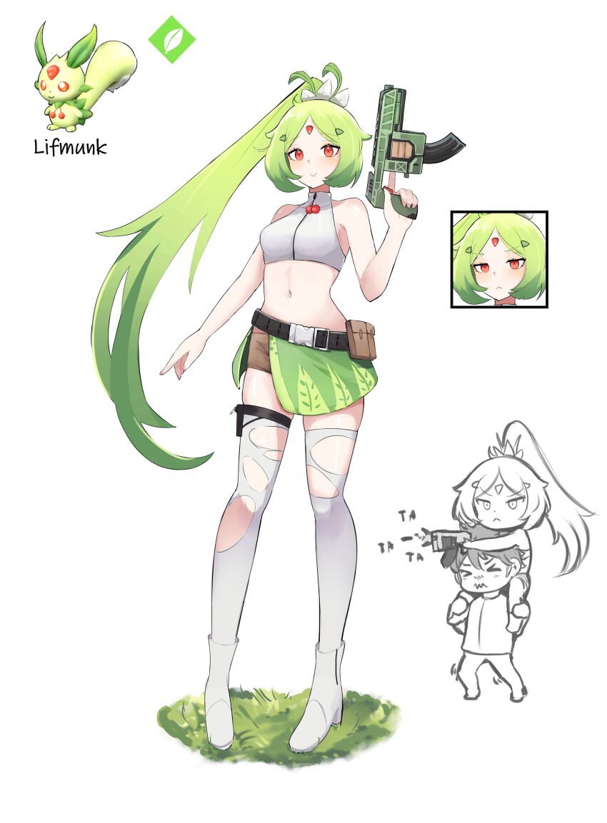 1boy 1girl absurdres antenna_hair bag bare_shoulders brunobrun9bruno character_name closed_mouth creature_and_personification crop_top multiple_expressions full_body green_hair gun highres holding holding_gun holding_weapon lifmunk long_hair looking_at_viewer navel pal_(creature) palworld personification pigeon-toed ponytail red_eyes standing thigh_strap thighhighs torn_clothes torn_thighhighs very_long_hair weapon white_background white_footwear white_thighhighs