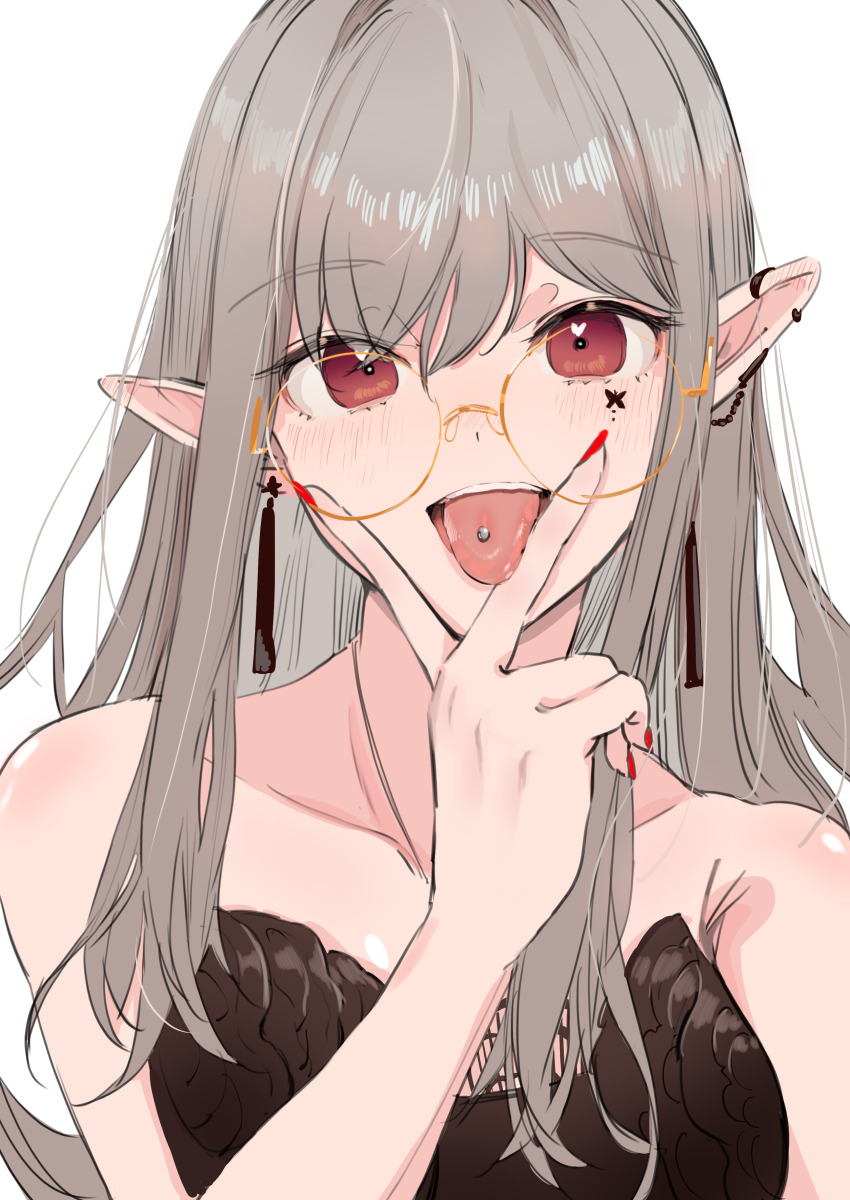 1girl absurdres black_dress butterfly_facial_mark commentary_request dress ear_chain earclip elu_(10th_costume)_(nijisanji) elu_(nijisanji) heart heart_in_eye highres linked_piercing long_hair long_pointy_ears mark_under_eye nijisanji no_gloves no_headwear official_alternate_costume ogura_tubuan open_mouth piercing pointy_ears red_eyes simple_background solo straight_hair strapless strapless_dress symbol_in_eye tongue tongue_out tongue_piercing upper_body v v_over_mouth virtual_youtuber white_background