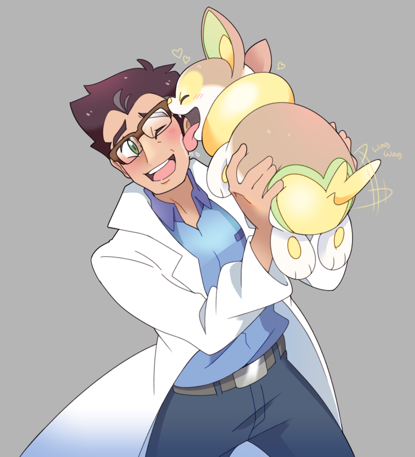1boy art_trade blue_shirt blush professor_cerise collared_shirt cowboy_shot gen_8_pokemon glasses grey_background heart highres holding holding_pokemon lab_coat licking licking_another&#039;s_face male_focus nintendo one_eye_closed open_mouth pokemon pokemon_(anime) pokemon_(creature) pokemon_journeys shirt tail tail_wagging tongue tongue_out vergolophus yamper