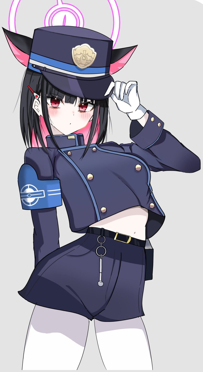 1girl animal_ears armband belt black_belt black_hair blue_archive blue_armband blue_shorts buttons cat_ears colored_inner_animal_ears colored_inner_hair cosplay double-breasted extra_ears gloves grey_background hakusimi_8943 halo hat highres kazusa_(blue_archive) looking_at_viewer multicolored_hair navel nozomi_(blue_archive) nozomi_(blue_archive)_(cosplay) pantyhose peaked_cap pink_hair pink_halo red_eyes shorts solo train_conductor two-tone_hair white_gloves white_pantyhose