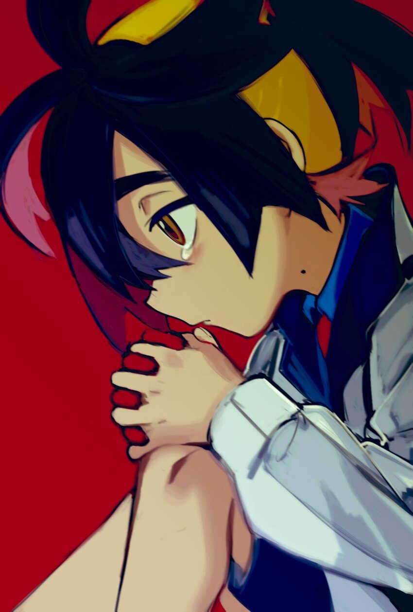 1boy black_hair blue_shirt closed_mouth collared_shirt from_side gloves hair_between_eyes hairband highres ieiieiiei jacket kieran_(pokemon) long_sleeves male_focus multicolored_hair nintendo orange_eyes own_hands_together pokemon pokemon_sv profile red_background red_hair shirt shorts simple_background single_glove solo tears white_jacket