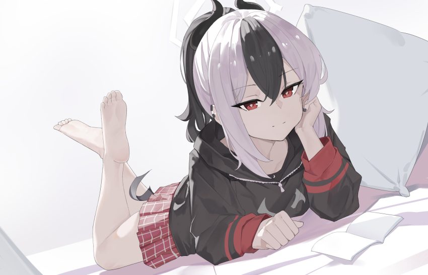 1girl bare_legs barefoot black_hair black_hoodie black_horns black_nails blue_archive book dddm demon_horns ear_piercing hand_on_bed hand_on_own_cheek hand_on_own_face head_rest highres hood hoodie horns indoors kayoko_(blue_archive) light_smile looking_at_viewer lying miniskirt multicolored_hair nail_polish on_bed on_stomach open_book piercing pillow plaid_clothes plaid_skirt pleated_skirt red_eyes red_skirt skirt soles the_pose toes two-tone_hair white_hair