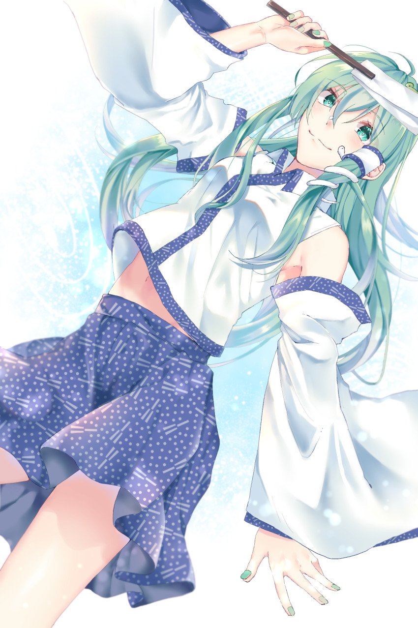 1girl ahoge bare_shoulders blue_skirt breasts closed_mouth collared_shirt detached_sleeves dot_nose double-parted_bangs fingernails frog_hair_ornament gohei green_eyes green_hair hair_ornament hair_tubes highres holding holding_gohei kochiya_sanae long_hair long_sleeves looking_at_viewer medium_breasts midriff_peek miniskirt nail_polish navel patterned_clothing print_skirt shirt single_hair_tube single_sidelock skirt skirt_set sleeveless sleeveless_shirt smile snake_hair_ornament solo touhou upper_body wide_sleeves wing_collar yuuki8684