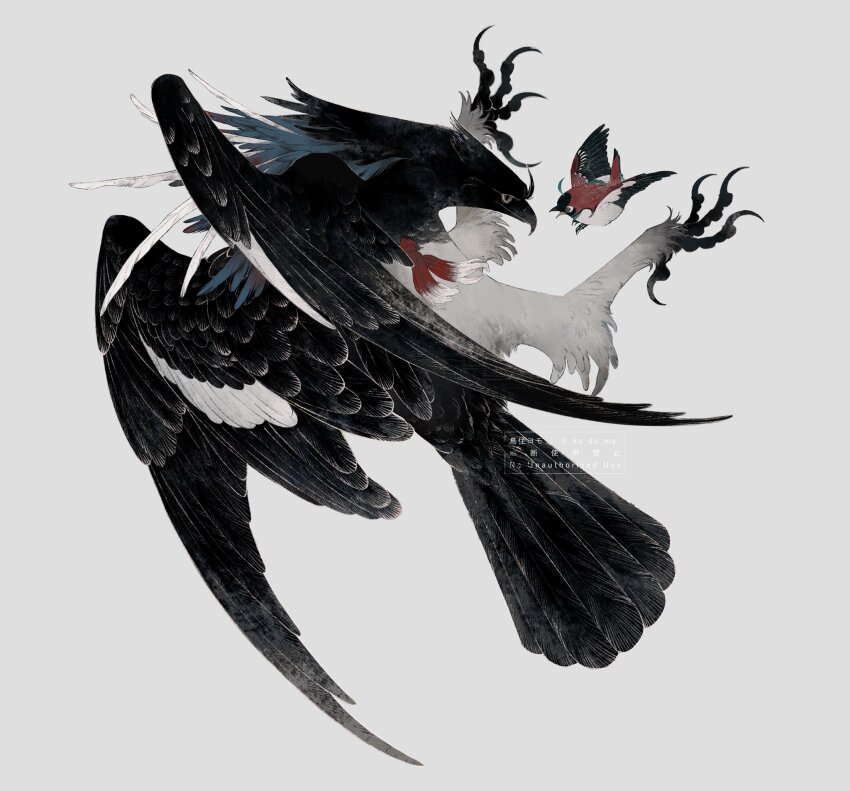 ahoge animal animal_focus beak bird black_feathers blue_feathers feathered_wings feathers full_body gradient_feathers highres no_humans original painterly piyomotsu red_feathers rope shimenawa talons two-tone_feathers watermark white_background white_feathers wings yellow_eyes