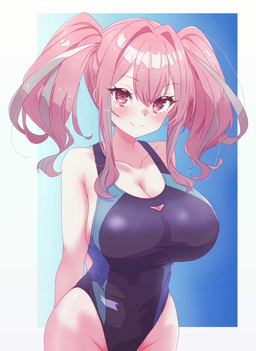 1girl absurdres arbiter1 arms_behind_back azur_lane bare_shoulders blue_background blue_one-piece_swimsuit blush breasts bremerton_(azur_lane) cleavage cleavage_cutout closed_mouth clothing_cutout collarbone commentary curvy english_commentary gradient_background grey_hair groin hair_between_eyes hair_intakes highleg highleg_one-piece_swimsuit highres huge_breasts large_breasts long_hair looking_at_viewer multicolored_hair no_mole one-piece_swimsuit pink_eyes pink_hair purple_one-piece_swimsuit shiny_skin smile solo streaked_hair swimsuit thick_thighs thighs twintails two-tone_hair two-tone_one-piece_swimsuit white_background wide_hips