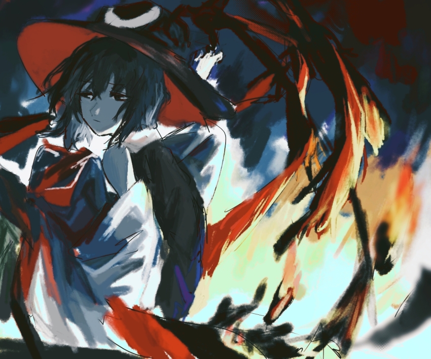 1other androgynous black_eyes black_hair black_hat black_vest chinese_commentary closed_mouth colored_skin commentary_request detached_sleeves enraku_tsubakura hat heinrich_(fernanderuddle) len&#039;en long_sleeves other_focus shirt short_hair sketch sleeveless sleeveless_shirt solo two-sided_fabric two-sided_headwear vest white_shirt white_skin white_sleeves