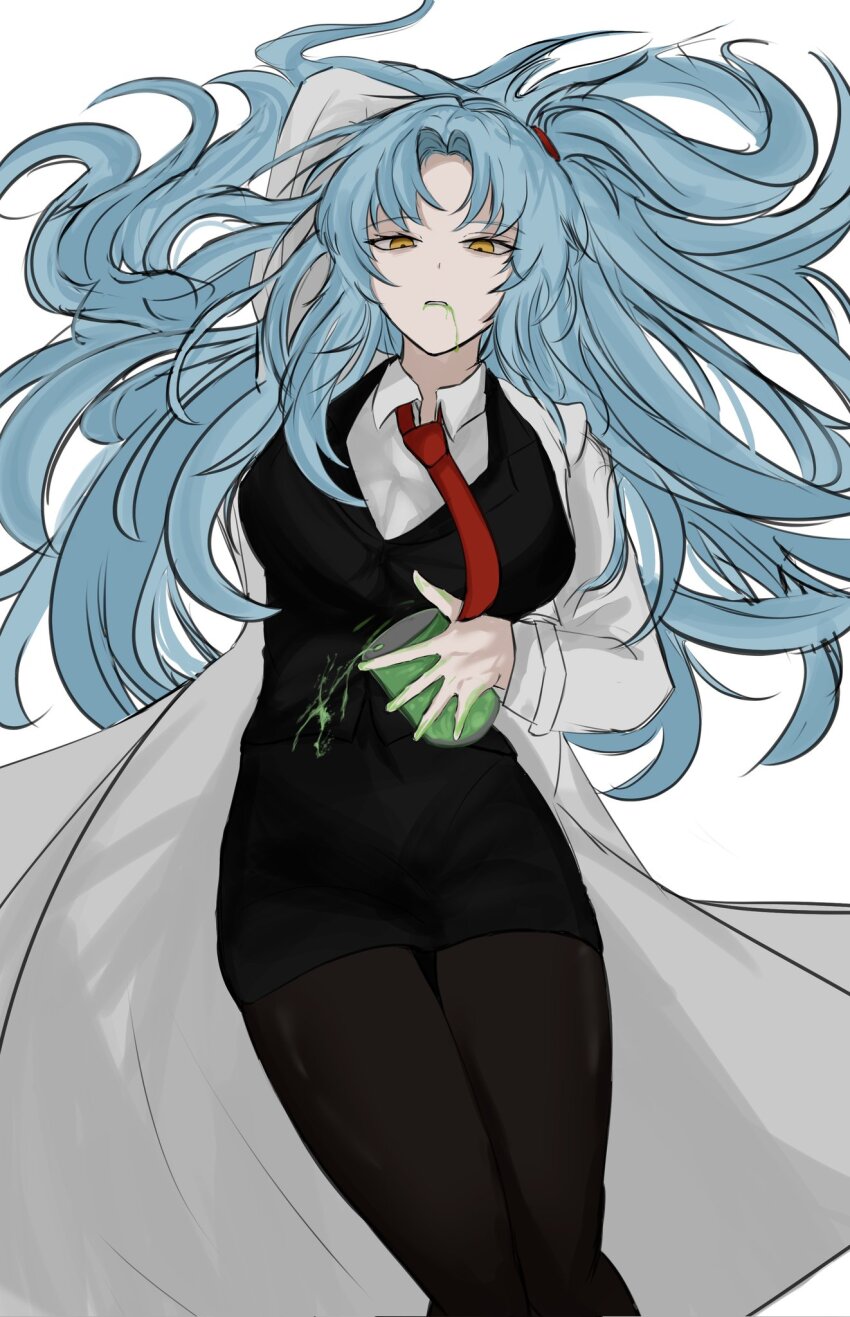 1girl angela_(project_moon) arm_up beaker black_skirt black_vest blue_hair breasts coat collared_shirt enkephalin_(project_moon) highres lab_coat large_breasts lobotomy_corporation long_hair looking_at_viewer lying necktie nori7 on_back parted_bangs pencil_skirt project_moon red_necktie shirt skirt solo very_long_hair vest white_coat white_shirt yellow_eyes