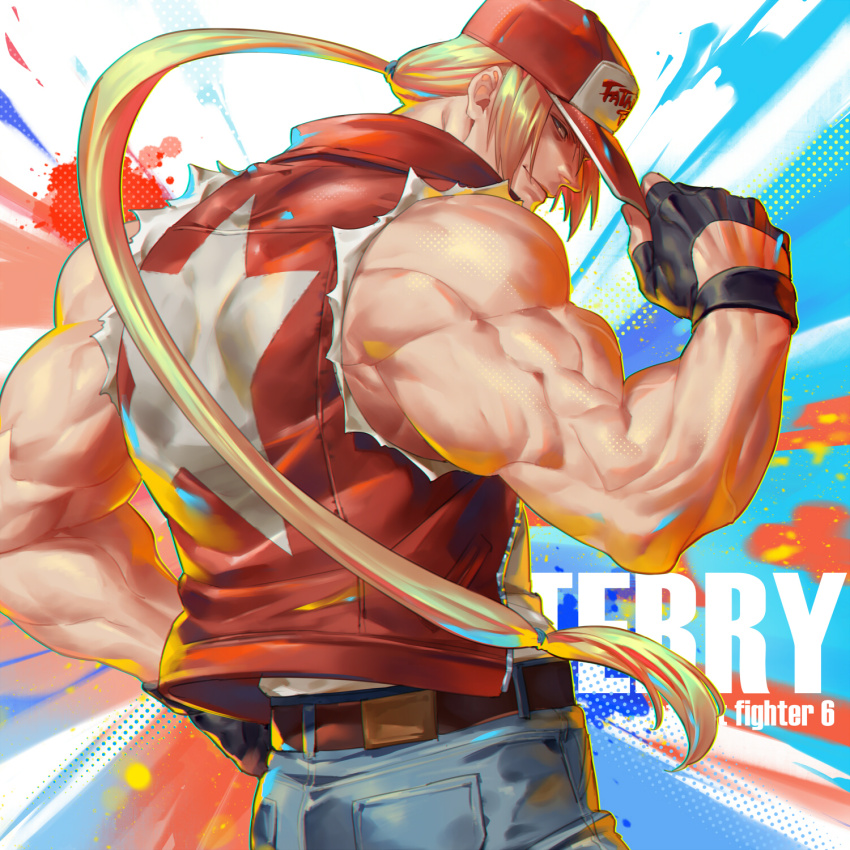 1boy adjusting_clothes adjusting_headwear arm_up bare_shoulders baseball_cap belt biceps black_gloves blue_eyes blue_pants brown_belt character_name closed_mouth collared_jacket commentary_request copyright_name cowboy_shot crossover denim fatal_fury fingerless_gloves glove_cutout gloves bad_tag bad_tag hair_tie halftone hand_on_own_hip hat highres jacket jeans long_hair looking_back low_ponytail male_focus muscular muscular_male pants ponytail red_jacket solo star_(symbol) street_fighter street_fighter_6 talgi terry_bogard torn_clothes torn_sleeves unzipped zipper