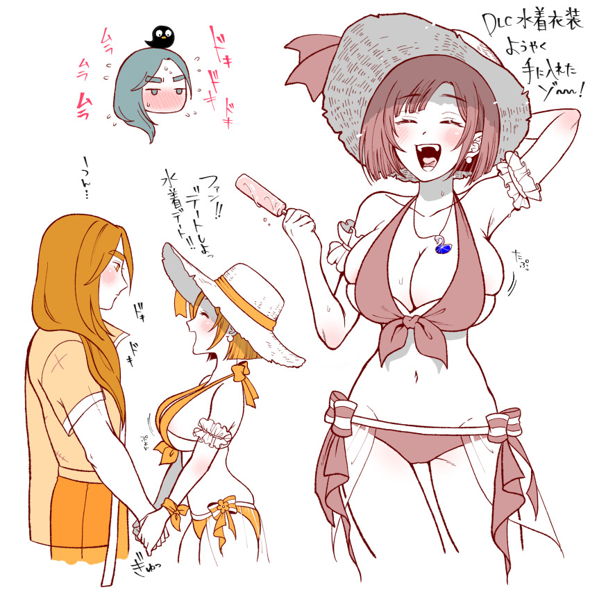 1boy 1girl animal animal_on_head arm_behind_head arm_strap bikini bird bird_on_head blush bob_cut breasts commentary_request earrings fang_(my_time_at_sandrock) food front-tie_bikini_top front-tie_top groin hat highres holding holding_food holding_hands holding_popsicle huge_breasts jewelry limited_palette long_hair lowleg lowleg_bikini lucy_(my_time_at_sandrock) mugicha_(zoro1132) my_time_at_portia my_time_at_sandrock nervous_sweating on_head open_mouth popsicle see-through_clothes see-through_clothes see-through_shirt shirt smile sun_hat sweat swimsuit translation_request undersized_clothes x_(my_time_at_sandrock)