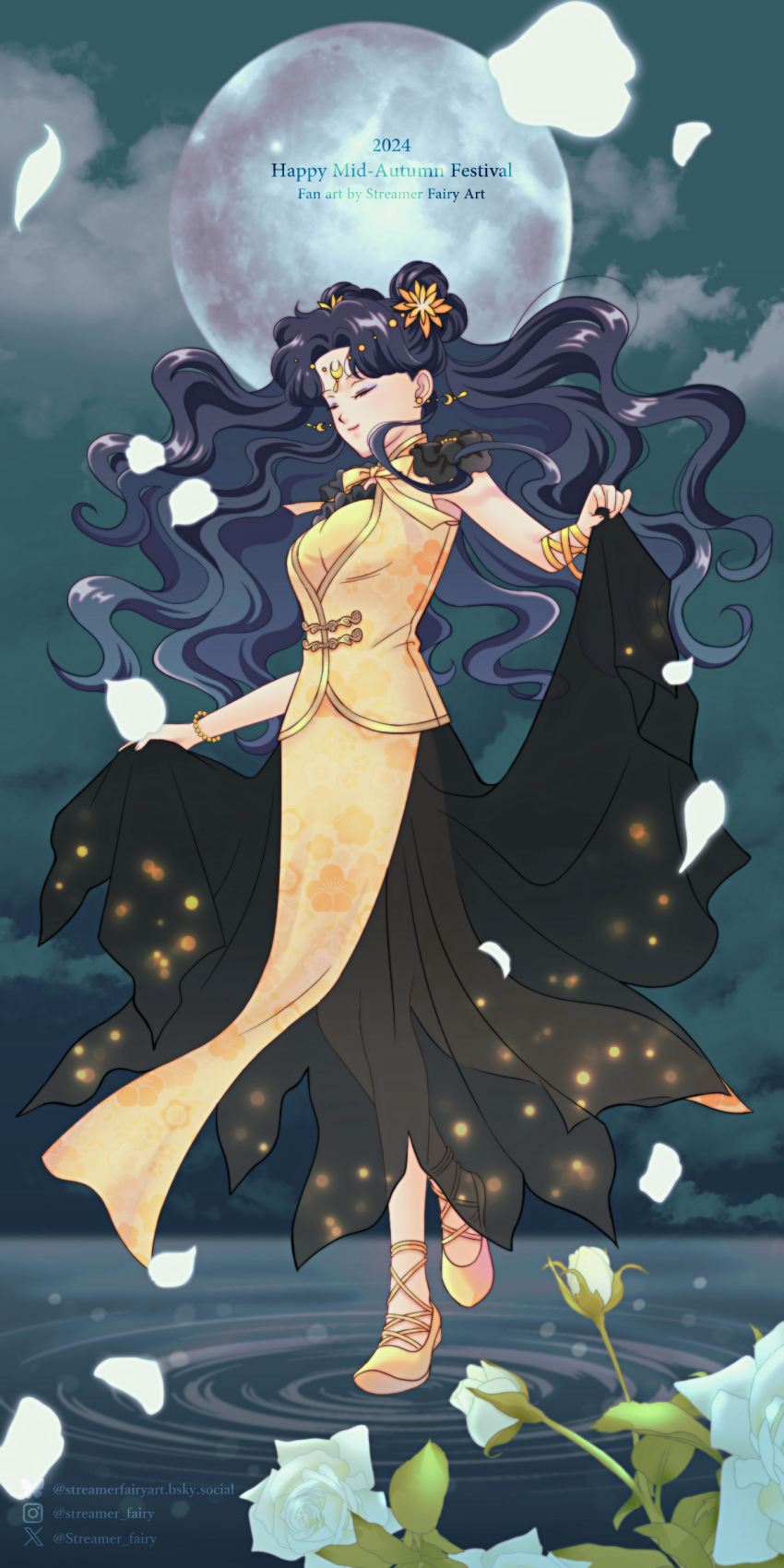 1girl bishoujo_senshi_sailor_moon black_hair black_skirt bracelet breasts china_dress chinese_clothes cleavage closed_eyes crescent crescent_facial_mark double_bun dress english_text facial_mark floating_hair flower forehead_mark full_body hair_bun highres huge_moon jewelry koya long_hair luna_(sailor_moon) luna_(sailor_moon)_(human) mixed-language_commentary moon rose shoes side_slit skirt skirt_hold solo standing tsukimi white_flower white_rose yellow_dress yellow_shoes