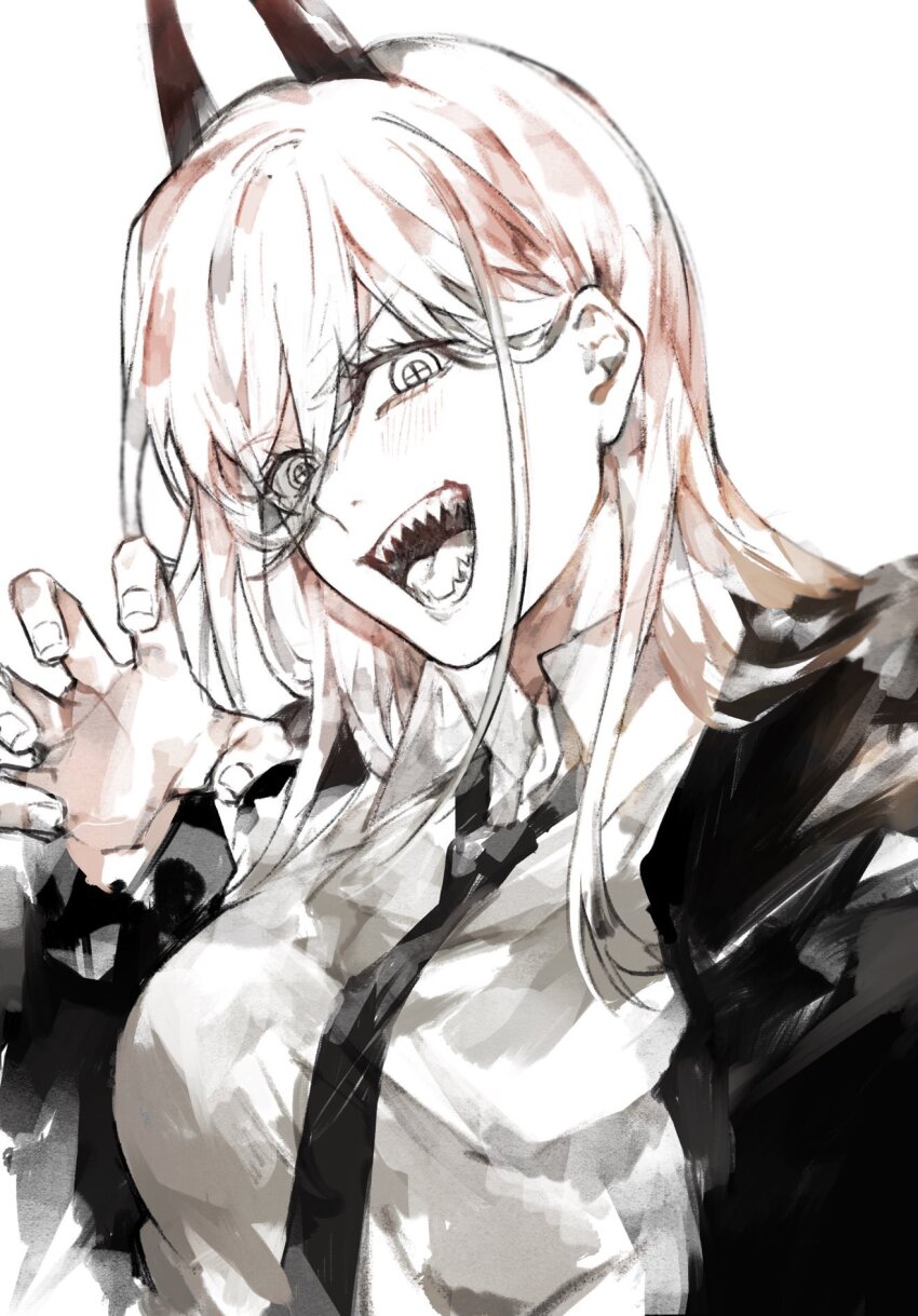 1girl black_hair breasts brown_hair chainsaw_man claw_pose commentary_request cross-shaped_pupils greyscale highres horns medium_breasts monochrome power_(chainsaw_man) sharp_teeth solo spot_color symbol-shaped_pupils teeth upper_body waltz_(tram)