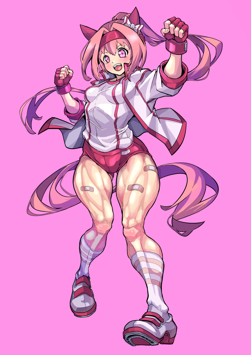 1girl absurdres animal_ears bandaid bandaid_on_leg bow buruma clenched_hands commentary_request ear_covers fingerless_gloves floating_hair foot_up full_body gloves gym_shirt gym_uniform hair_bow hair_intakes hairband haru_urara_(umamusume) highres horse_ears horse_girl horse_tail jacket kneehighs leaning_forward long_hair long_sleeves muscular muscular_female open_clothes open_jacket open_mouth pink_background pink_eyes pink_hair ponytail raised_eyebrows red_buruma red_gloves red_hairband shirt shoes simple_background smile sneakers socks solo striped_clothes striped_socks tail take_nii umamusume white_bow white_jacket white_shirt
