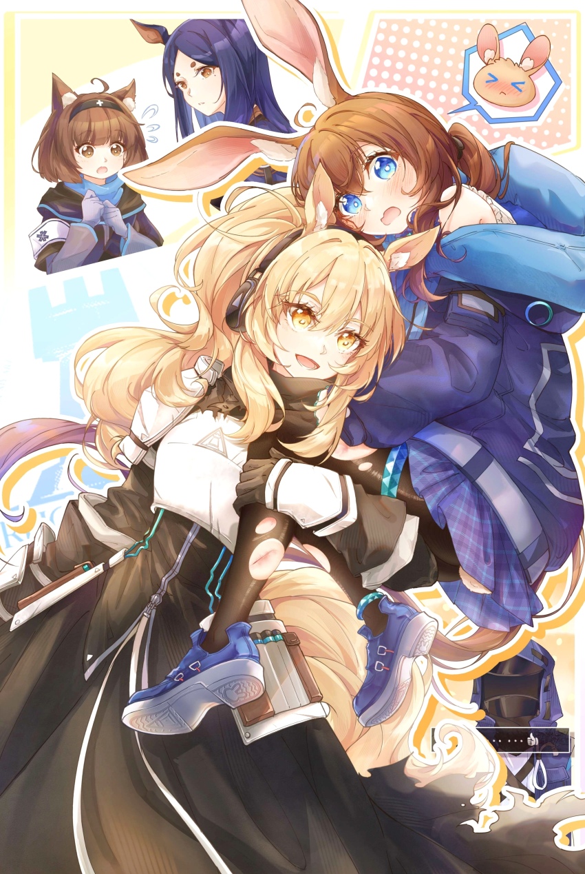 &gt;_&lt; 1other 4girls :d absurdres ahoge amiya_(arknights) animal_ear_fluff animal_ears arknights armor bare_shoulders black_dress black_gloves black_hairband black_pantyhose blonde_hair blue_eyes blue_footwear blue_jacket blush breastplate brown_eyes brown_hair closed_eyes closed_mouth commentary_request cuts dobermann_(arknights) doctor_(arknights) dog_ears dress ear_protection flying_sweatdrops gloves hacko hair_between_eyes hairband highres hood hood_down hooded_jacket horse_ears horse_girl horse_tail injury jacket long_hair long_sleeves multiple_girls nearl_(arknights) nose_blush open_mouth pantyhose parted_bangs plaid_clothes plaid_skirt ponytail puffy_long_sleeves puffy_sleeves purple_hair purple_skirt rabbit_ears rhodes_island_medic_(arknights) shirt shoe_soles shoes short_eyebrows skirt sleeveless sleeveless_shirt smile spoken_expression tail thick_eyebrows torn_clothes torn_pantyhose very_long_hair