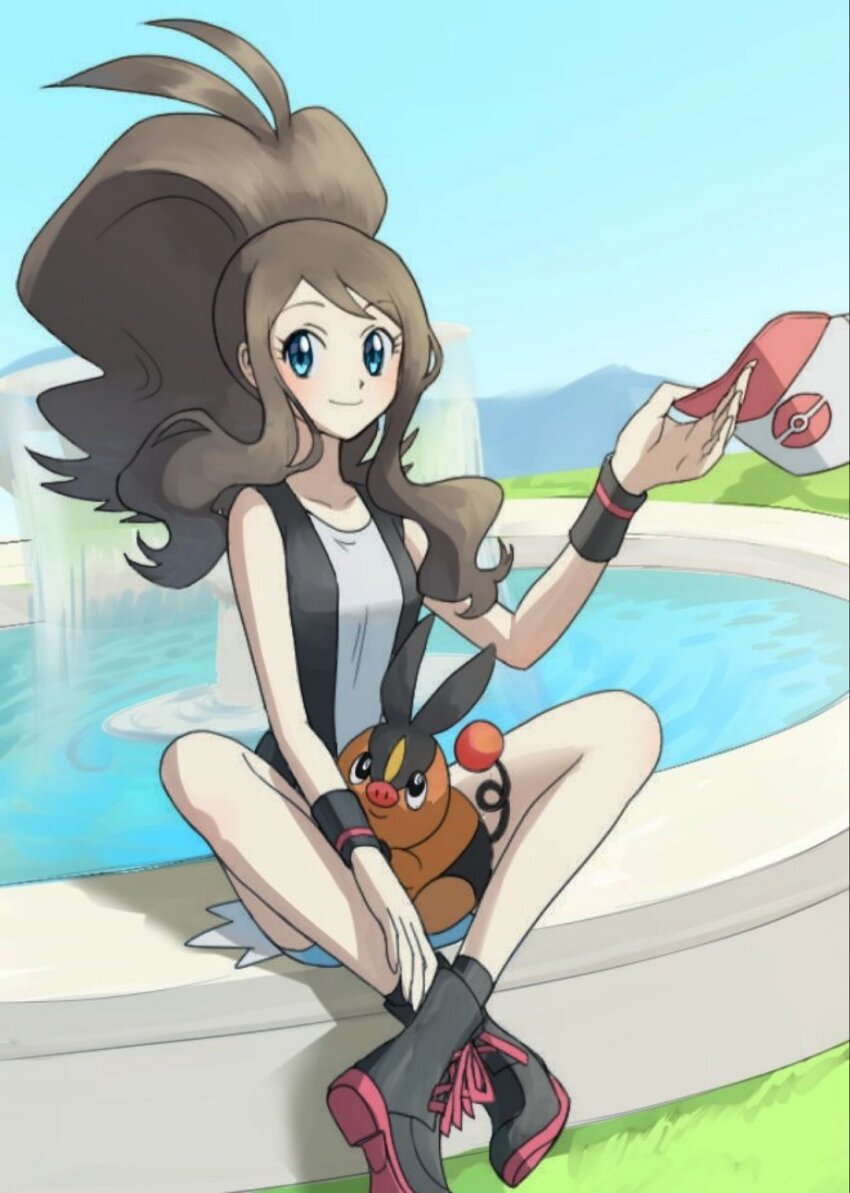 1girl aqua_eyes artist_collaboration asamaru1225 black_footwear black_socks black_vest blush boots brown_hair closed_mouth commentary_request crossed_ankles day fountain gen_5_pokemon hat high_ponytail highres hilda_(pokemon) holding holding_unworn_clothes holding_unworn_hat long_hair nintendo open_clothes open_vest outdoors pokemon pokemon_(creature) pokemon_bw pokepokekonpeki ponytail shirt shorts sidelocks sitting sky smile socks tepig unworn_hat unworn_headwear vest water white_headwear white_shirt