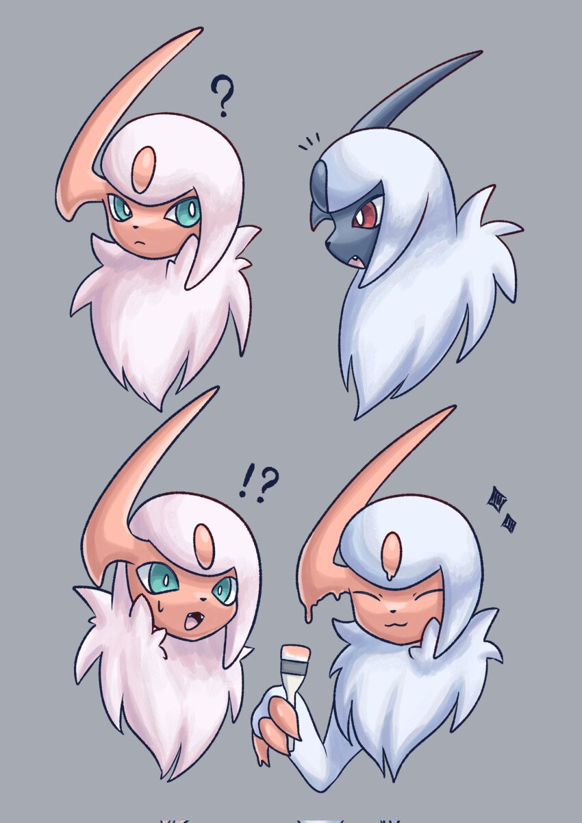 absol alternate_color claws closed_mouth disguise gen_3_pokemon green_eyes grey_background highres holding horns nintendo paint pokemon pokemon_(creature) red_eyes shiny_pokemon single_horn smile soruva_359 white_hair