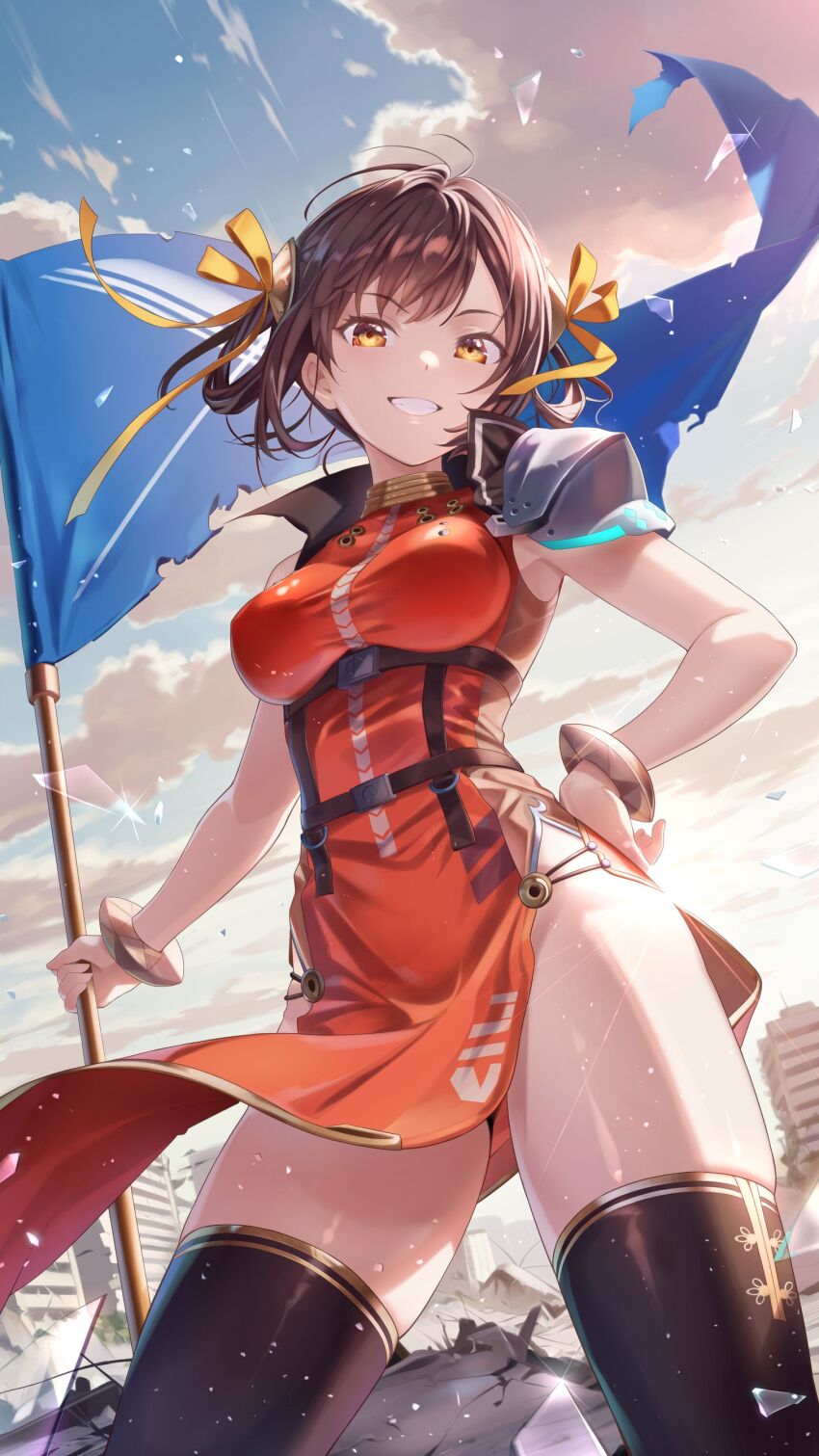 1girl absurdres armor black_thighhighs bracelet breasts broken_glass brown_eyes brown_hair building china_dress chinese_clothes cloud cloudy_sky cowboy_shot day dress flag from_below glass glass_shards grin hair_ribbon hand_on_own_hip heaven_burns_red highres holding holding_flag jewelry li_yingxia looking_at_viewer medium_breasts netarou_(shinra) outdoors pauldrons pelvic_curtain red_dress ribbon short_hair shoulder_armor side_slit single_pauldron skindentation sky sleeveless sleeveless_dress smile solo standing thighhighs thighs underbust wind yellow_eyes yellow_ribbon