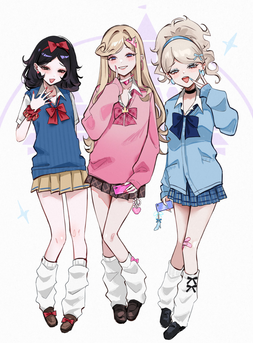 3girls adapted_costume alternate_costume alternate_universe animification aurora_(disney) bimbofication black_hair blonde_hair blue_cardigan bow bowtie cardigan cellphone cellphone_charm charm_(object) cinderella cinderella_(disney) commentary contemporary disney fingernails full_body gyaru highres kogal leg_warmers long_fingernails long_hair looking_at_viewer medium_hair miniskirt multiple_girls ompf open_collar phone pink_sweater pleated_skirt school_uniform scrunchie skirt sleeping_beauty smartphone snow_white_(disney) snow_white_and_the_seven_dwarfs sweater vest wrist_scrunchie