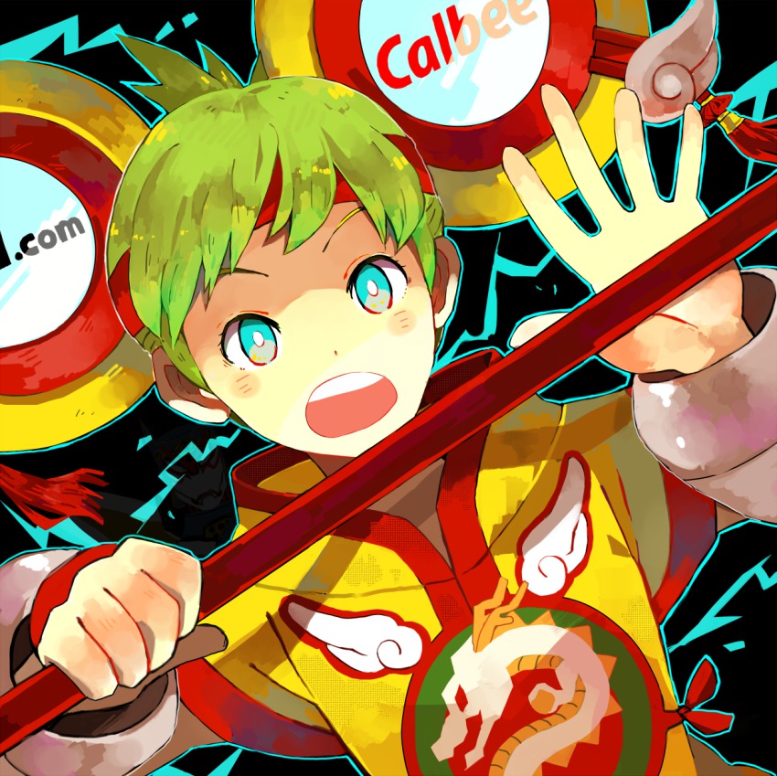 10s 1girl aqua_eyes blue_eyes chinese_clothes detached_sleeves dragon_kid female_focus glowing green_hair hat highres huang_baoling product_placement sanigo short_hair solo staff superhero_costume tiger_&amp;_bunny