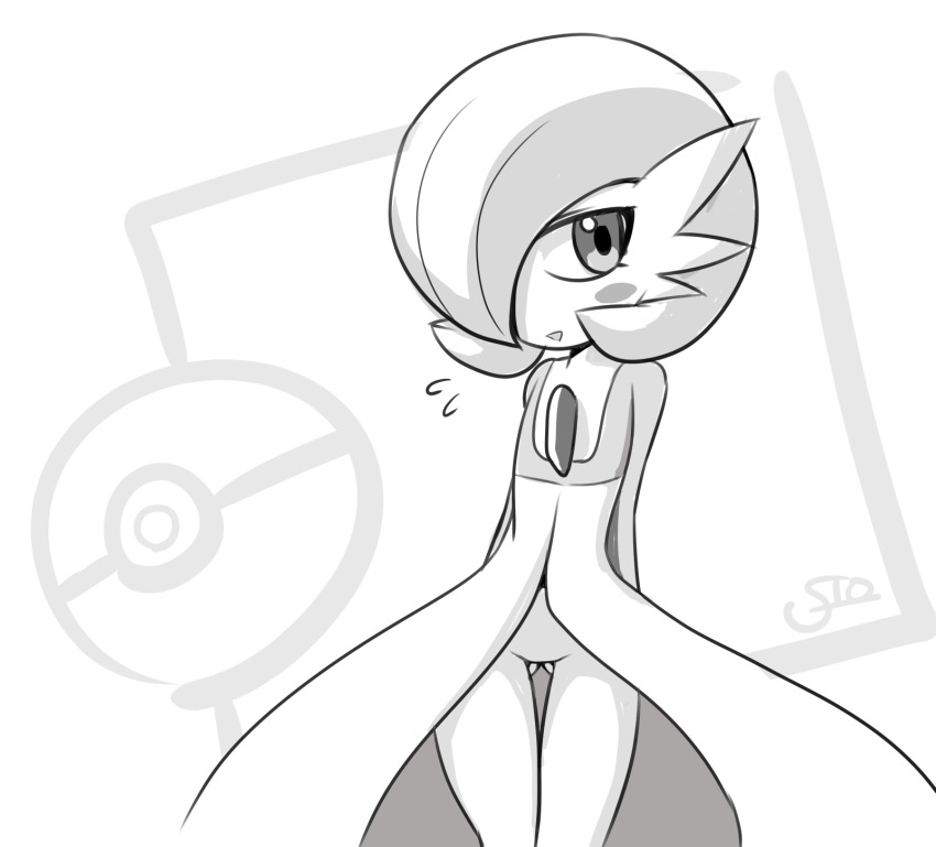 1girl arms_behind_back artist_name blush blush_stickers bob_cut cowboy_shot female_focus flat_chest flying_sweatdrops gardevoir gen_3_pokemon gluteal_fold greyscale hair_over_one_eye happy highres looking_afar monochrome nintendo no_pussy one_eye_covered open_mouth osturn pokemon pokemon_(creature) short_hair signature smile solo standing thigh_gap thighs white_background