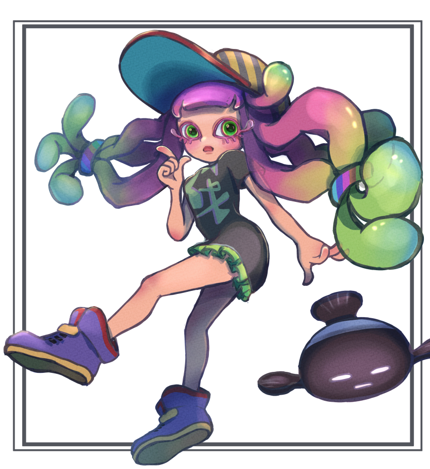 1girl absurdres baseball_cap black_shirt blunt_bangs blush colored_eyelashes commentary_request eyelashes fish floating_hair full_body gradient_hair green_eyes green_hair green_skirt hair_ornament hand_up harmony&#039;s_clownfish_(splatoon) harmony_(splatoon) hat high_tops highres long_hair looking_at_viewer miniskirt moromi_(kscd4482) multicolored_hair multicolored_hat nintendo open_mouth pink_hair pleated_skirt purple_shoes shirt shoes short_sleeves simple_background skirt sneakers solo splatoon_(series) splatoon_3 striped_clothes striped_headwear t-shirt tentacle_hair very_long_hair white_background