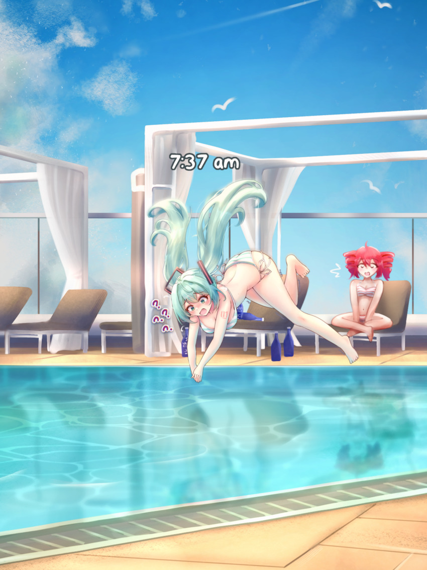 2girls ? ?? ^^^ aqua_eyes aqua_hair bikini blue_bikini breasts chair cleavage commentary diving drill_hair english_commentary floating_hair h3p0 hatsune_miku highres kasane_teto large_breasts long_hair looking_at_another lounge_chair medium_hair multiple_girls open_mouth outdoors pool red_bikini side-tie_bikini_bottom simple_bird sitting striped_bikini striped_clothes swimsuit twin_drills twintails utau vocaloid