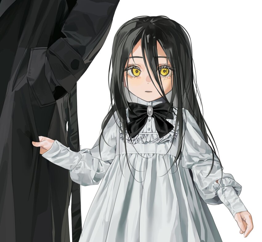 1boy 1girl aged_down black_bow black_hair bow clinging dress hair_between_eyes highres kamisaki_hikaru long_hair looking_at_viewer medalist_(manga) o0hiruko0o solo_focus white_dress yellow_eyes