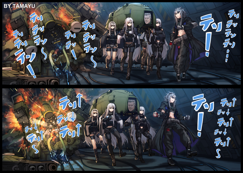 1boy aa-02_sinner_(girls&#039;_frontline) absurdres ak-12_(girls&#039;_frontline) ak-15_(girls&#039;_frontline) an-94_(girls&#039;_frontline) angelia_(girls&#039;_frontline) assisted_carrying blonde_hair bodysuit boots carrying commentary_request dancing dancing_pallbearers_(meme) deal_with_it_(meme) fingerless_gloves fire girls&#039;_frontline gloves highres huge_filesize kcco_(girls&#039;_frontline) long_hair mecha meme multiple_girls robot rpk-16_(girls&#039;_frontline) smile sparks sunglasses tama_yu