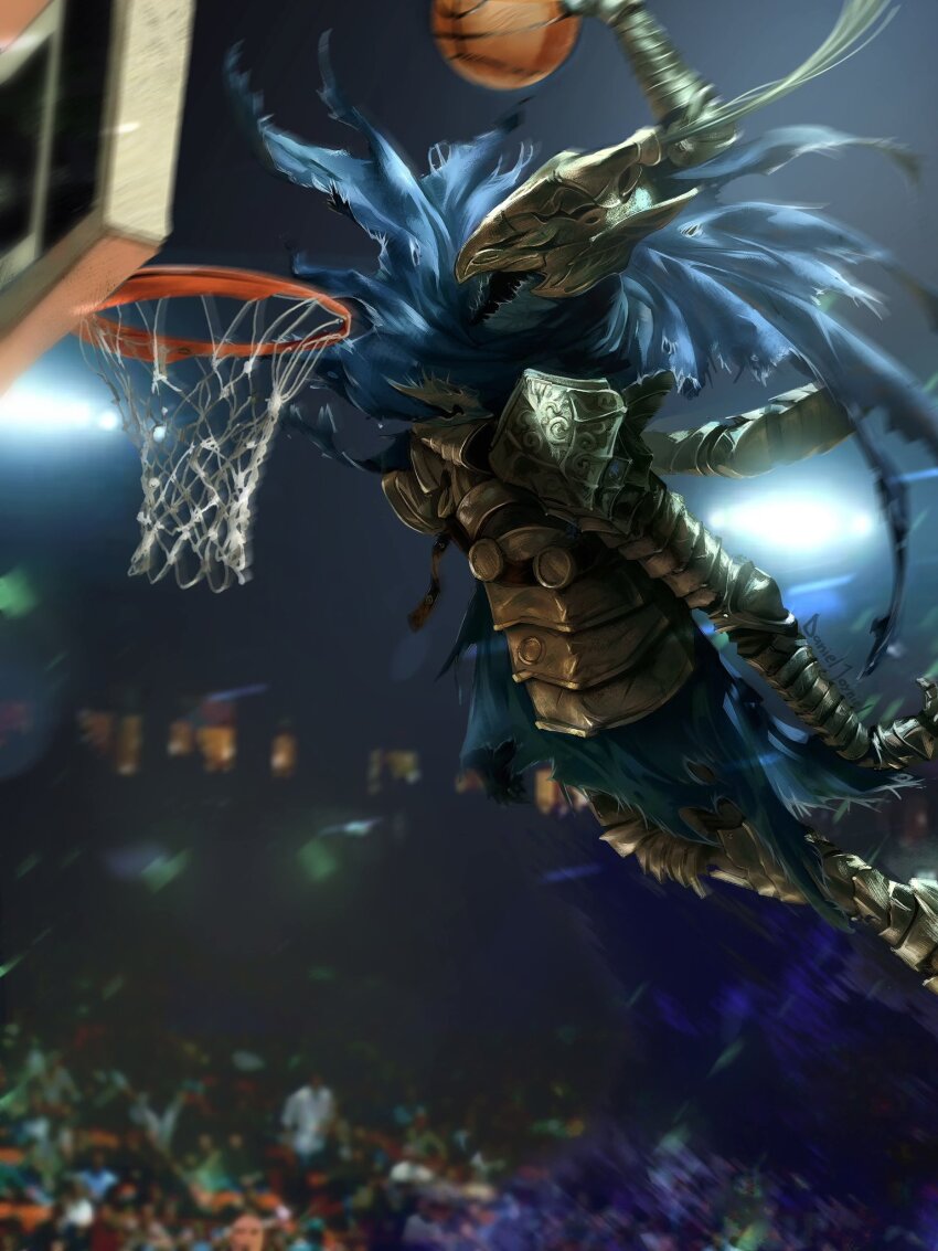 1boy armor artorias_the_abysswalker basket danieljoyniel dark_souls_(series) dark_souls_i full_armor gauntlets helm helmet highres holding holding_basket knight male_focus pauldrons plume shoulder_armor slam_dunk_(basketball) solo torn_clothes