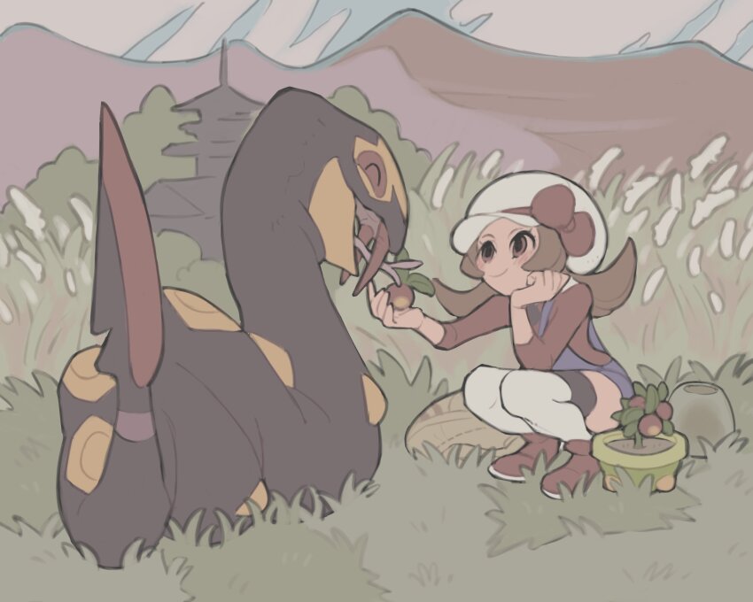 1girl architecture blue_overalls brown_eyes brown_hair building commentary_request creatures_(company) east_asian_architecture feeding food fruit game_freak gen_3_pokemon grass hat head_rest highres holding holding_food holding_fruit kinni lyra_(pokemon) mountain nintendo overalls plant pokemon pokemon_(creature) pokemon_hgss potted_plant red_shoes seviper shoes snake squatting thighhighs white_hat white_thighhighs