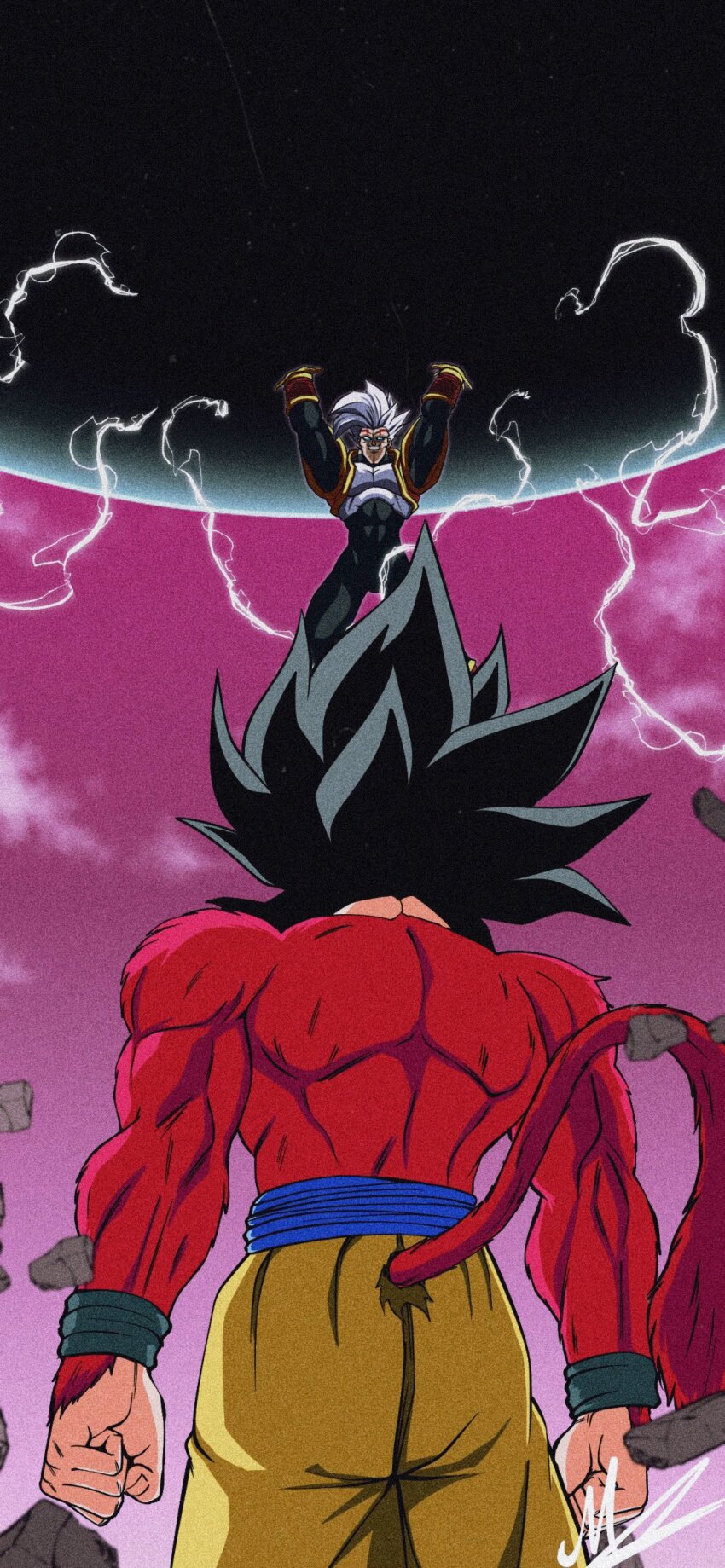 absurdres baby_(dragon_ball) baby_vegeta black_hair blue_eyes bodysuit dragon_ball dragon_ball_gt gloves grey_hair highres long_hair looking_at_viewer male_focus mike20030722 monkey_boy multiple_boys muscular muscular_male open_mouth pants parasite pectorals possessed saiyan son_goku spiked_hair super_saiyan super_saiyan_4 teeth veiny_face white_hair yellow_gloves