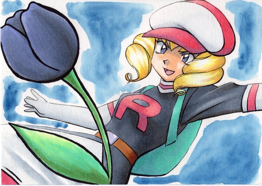 1girl :d black_jacket blonde_hair blue_background breasts commentary_request domino_(pokemon) drill_hair elbow_gloves eyelashes flower gloves grey_eyes grey_flower hat highres jacket logo nintendo oka_mochi open_mouth pokemon pokemon_(anime) pokemon_(classic_anime) smile solo team_rocket team_rocket_uniform tongue traditional_media twin_drills white_gloves white_hat
