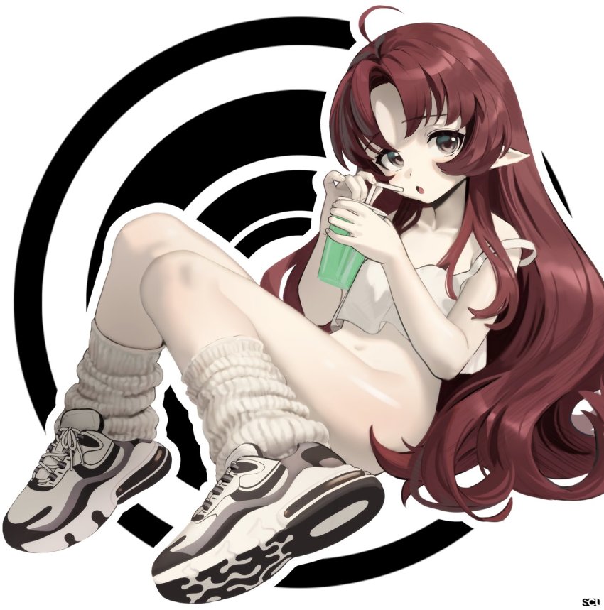 1girl ahoge arknights artist_logo black_background blush bottomless breasts brown_eyes collarbone commentary crop_top cup drink drinking_straw full_body highres holding holding_cup knees_together_feet_apart logo long_hair looking_at_viewer mixed-language_commentary myrtle_(arknights) navel nike_(company) no_panties open_mouth outline pale_skin parted_bangs petite pointy_ears red_hair ribbed_legwear shoes simple_background sleeveless small_breasts sneakers socks solo songchuan_li spiral spiral_background strap_slip tank_top thighs very_long_hair white_background white_shoes white_socks white_tank_top