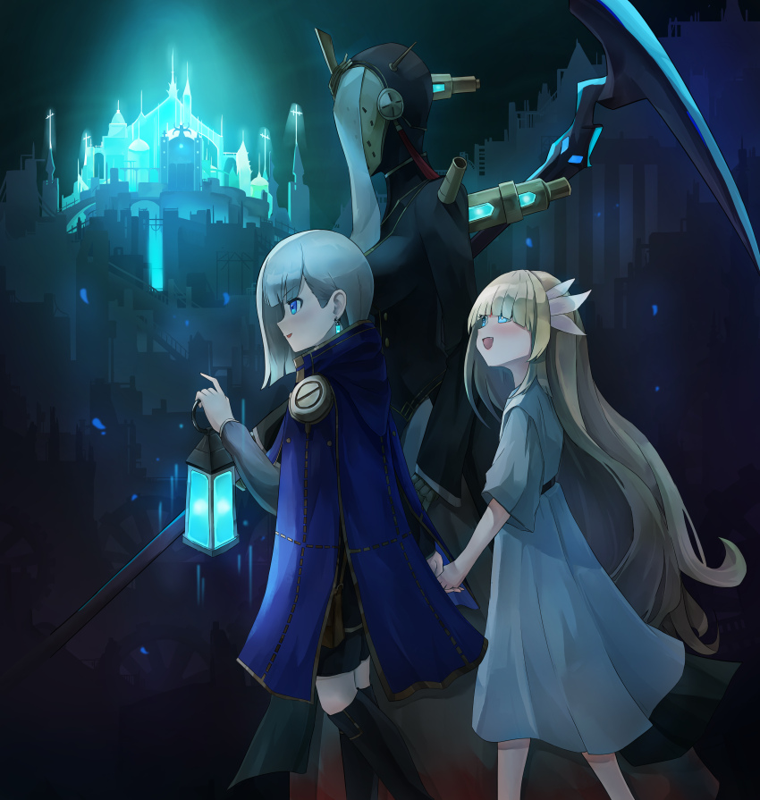 3girls absurdres black_shorts blue_cloak blue_eyes blue_theme city cloak dress ender_lilies_quietus_of_the_knights ender_magnolia_bloom_in_the_mist glowing highres holding holding_hands holding_lantern humanoid_robot lantern lilac_(ender_magnolia) lily_(ender_lilies) long_hair medium_hair multiple_girls nola_(ender_magnolia) open_mouth robot shorts white_dress white_hair yi_ke_bo_he_tang