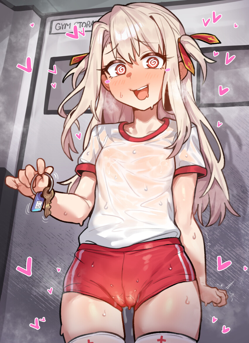 1girl @_@ absurdres blush bow breasts buruma cameltoe fate/grand_order fate/kaleid_liner_prisma_illya fate_(series) gym_storeroom hair_bow highres holding holding_key illyasviel_von_einzbern indoors key loli long_hair looking_at_viewer open_mouth orange_bow pussy_juice radishkek red_buruma red_eyes ribbon shirt short_sleeves sidelocks small_breasts smile solo thighhighs thighs wet wet_clothes wet_shirt white_hair white_shirt white_thighhighs