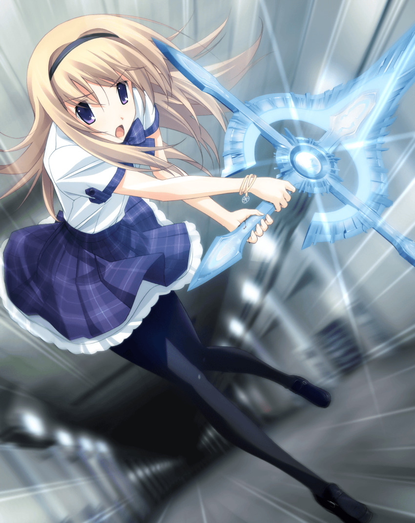 1girl black_hairband black_pantyhose black_shoes blonde_hair blue_sword chaos;head chaos;head_love_chu_chu! collared_shirt d-sword floating_clothes floating_hair game_cg glowing glowing_sword glowing_weapon hairband highres holding holding_sword holding_weapon huge_weapon incoming_attack leaning_forward loafers long_hair long_sidelocks looking_at_viewer matsuo_yukihiro motion_blur motion_lines nishijou_nanami non-web_source official_art open_mouth pantyhose pink_lips plaid_clothes plaid_skirt plaid_sleeves plaid_trim pleated_skirt purple_eyes running school_uniform serious shiny_eyes shiny_lips shirt shoes short_sleeves sidelocks skirt solo suimei_school_uniform suimei_summer_uniform sword tongue torn_clothes torn_pantyhose tunnel underground v-shaped_eyebrows weapon white_petticoat