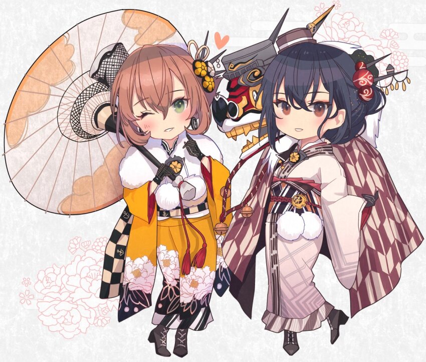 2girls black_gloves black_hair brown_hair chibi closed_mouth commentary_request egasumi fur-trimmed_gloves fur-trimmed_kimono fur_trim gloves green_eyes japanese_clothes kantai_collection kasumi_(skchkko) kimono long_hair long_sleeves looking_at_viewer multiple_girls mutsu_(kancolle) mutsu_(new_year)_(kancolle) nagato_(kancolle) nagato_(new_year)_(kancolle) obi official_alternate_costume one_eye_closed red_eyes sash short_hair smile white_kimono wide_sleeves yellow_kimono