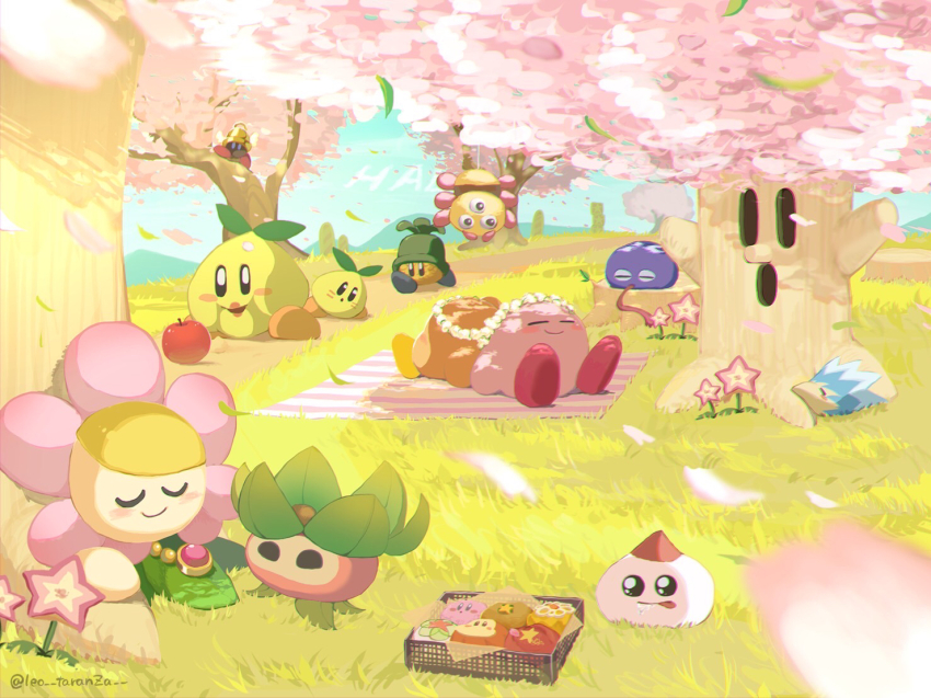 :o apple artist_name basket beanbon big_beanbon blanket blue_sky blurry blurry_foreground blush character-themed_food cherry_blossoms closed_eyes closed_mouth cloud commentary_request como_(kirby) day drooling falling_petals flower flower_wreath food fruit gooey_(kirby) grass hal_laboratory haley_(kirby) head_wreath jungle_bomb kirby kirby_(series) leafan leo_taranza long_tongue mountainous_horizon nintendo no_humans outdoors path people_of_the_sky petals ringle road sitting sky sleeping sleeping_upright smile star_(symbol) tick_(kirby) tongue tongue_out tree tree_stump twitter_username u_u waddle_dee whispy_woods