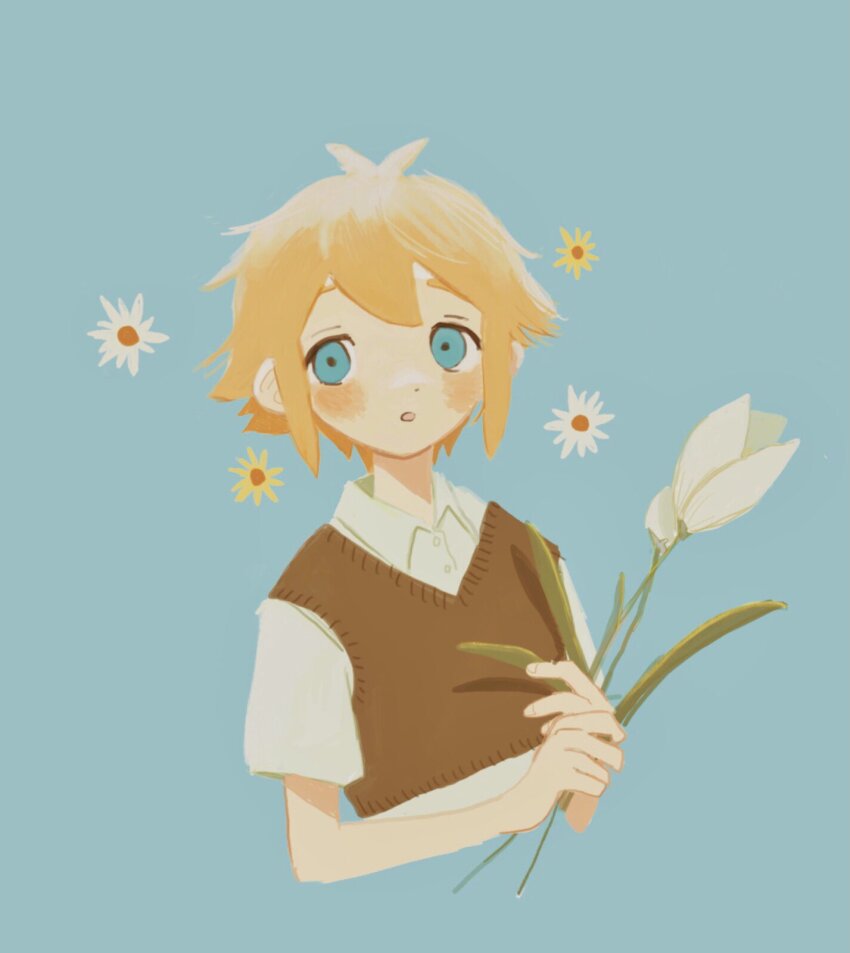 1boy antenna_hair basil_(faraway)_(omori) basil_(omori) blonde_hair blue_background blush collared_shirt flower green_sweater_vest highres holding holding_flower male_focus omori parted_lips shirt short_hair simple_background solo sweater_vest tate_ware_anal tulip white_shirt