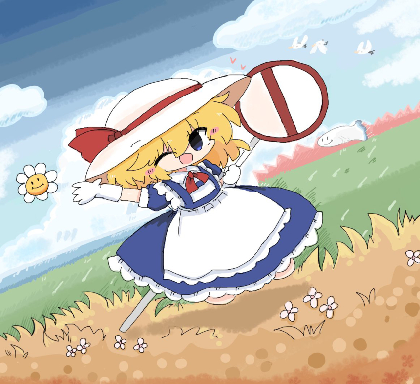 1girl apron bird blonde_hair blue_dress commentary_request dress field flower ghost gloves hat hat_ribbon holding_road_sign kana_anaberal kuuinusuki red_ribbon ribbon road_sign short_hair short_sleeves sign smile solo sun_hat touhou touhou_(pc-98) white_apron white_gloves white_hat yellow_eyes